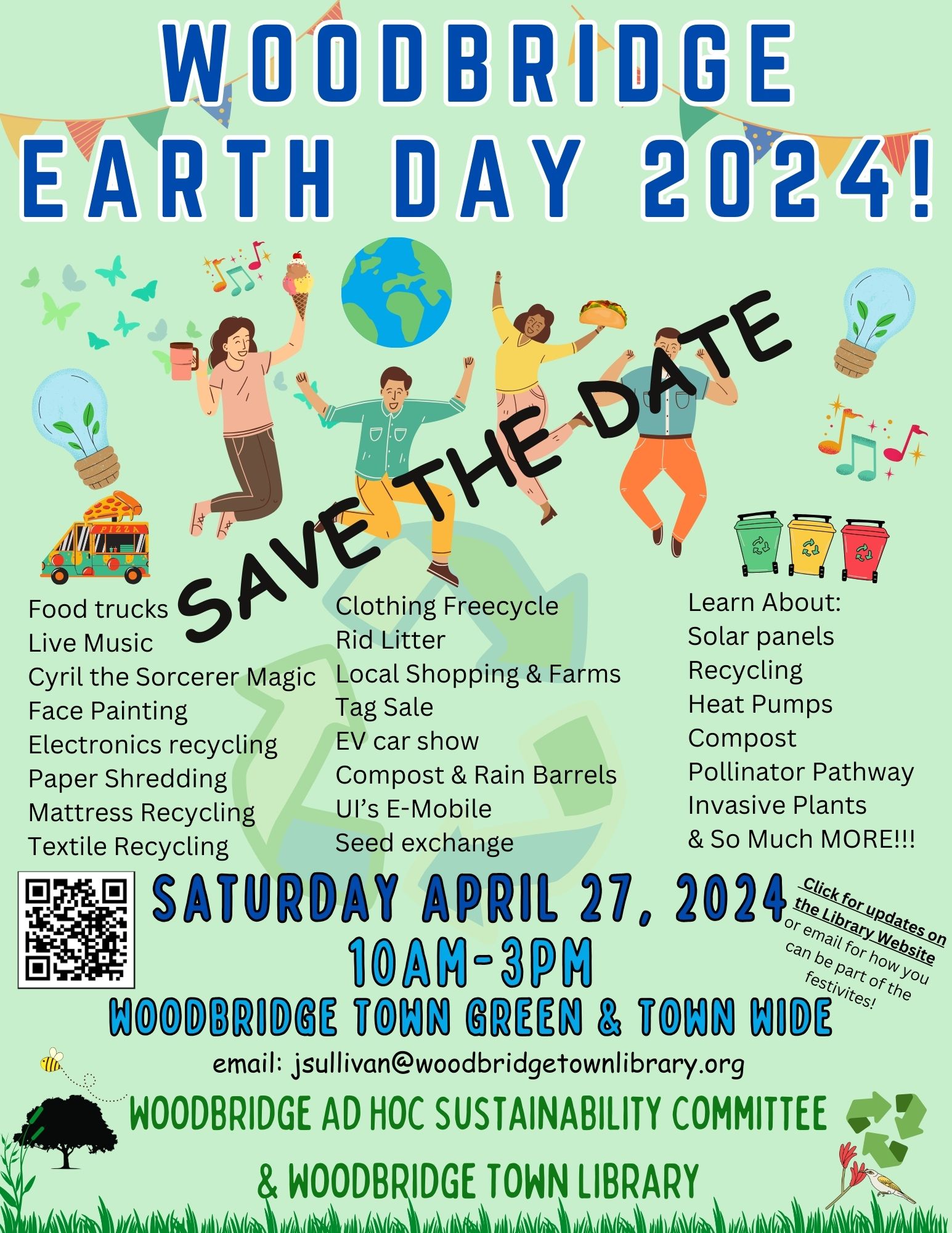 A green background with people jumping around the earth. The words SAVE THE DATE are printed over the people. Other information about the upcoming Earth Day event in Woodbridge is printed below the image.